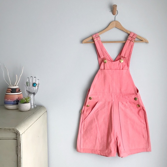 BIG BUD PRESS Flamingo Pink Denim Overall Shorts NWOT Shortalls XXS - Picture 3 of 16